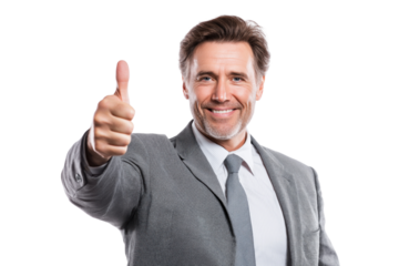 Smiling man in grey suit and tie giving thumbs up gesture isolated on a transparent background male adult