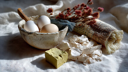 Wabi-Sabi Aesthetic Flatlay of Recycled Ceramics and Natural Elements Cozy Home Setting Still Life Composition Artistic Perspective