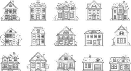 Set of vintage house line drawings, classic residential architecture illustrations, Victorian and colonial-style homes, hand-drawn building vector icons