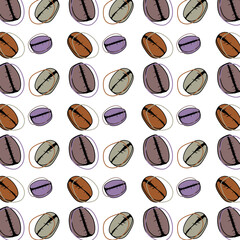 A playful seamless pattern featuring hand-drawn coffee beans in multiple colors including brown, purple, beige, and dark mauve. This doodle-style vector design is ideal for coffee shop branding, cafe 
