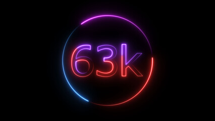 Glowing neon 63K text illustration on black background. Glowing neon line 63k Ultra HD icon isolated.