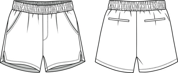 Technical flat sketch of athletic running shorts – front and back views with elastic waistband and pockets for fashion design