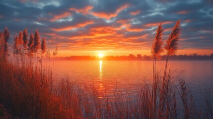 Sunset over a serene marshland with reeds reflecting the warm light