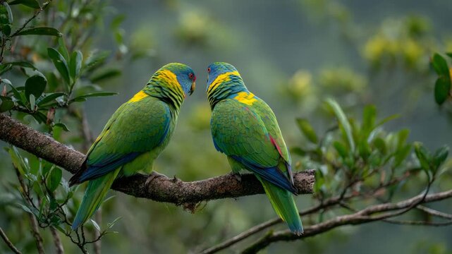 Two lovebirds rest side by side, symbolizing affection and companionship.
