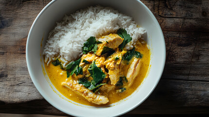 White bowl of rice and chicken curry with green herbs.