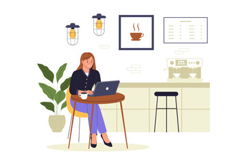Freelancer Woman Working from Cafe with Laptop. Coffee Shop Workspace Illustration. Illustrations for websites, landing pages, mobile apps, posters and banners