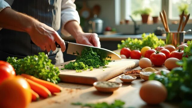 Hands preparing fresh vegetables on wooden table in home kitchen, great for cooking tutorials, healthy eating campaigns, food blogs, and culinary product promos, 4K, motion.