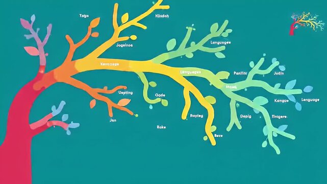A colorful tree diagram of related languages with a gradient trunk on teal backdrop