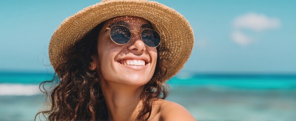 Naklejka na ściany i meble The joyful woman enjoying a sunny day at the beach with sunglasses.