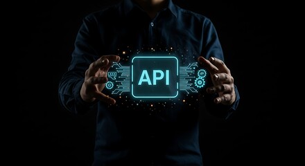 Person Holding Glowing Api Interface Concept on Black Background