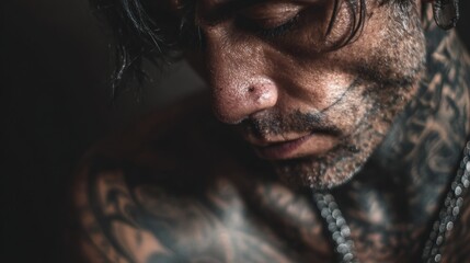 Intense Portrait of a Heavily Tattooed Man