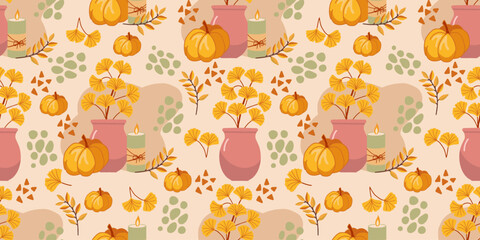 Vector seamless pattern featuring fall themed arrangement: yellow pumpkin, green candle, pink vase with ginkgo leaves.  Great for fall design, textile prints, wrapping paper