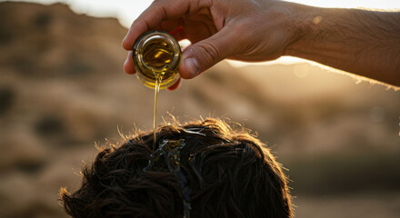 Man's hand anointing male head with holy oil from small jar concept of coronation. Biblical old testament story.