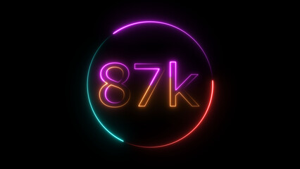 Glowing neon 87K text illustration on black background. Glowing neon line 87k Ultra HD icon isolated.
