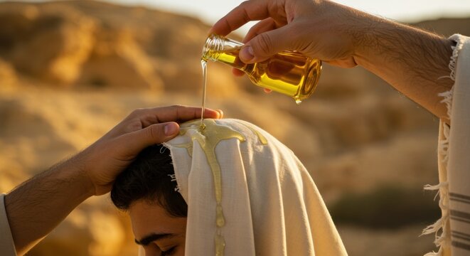 A prophet anoints a young man's head with oil from a bottle, symbolic of the anointing of King David in the Old Testament, representing ancient biblical traditions and spiritual blessing.