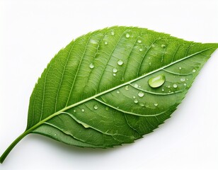 a single vibrant green leaf with water droplets isolated on a white background background removed