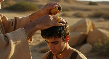 Prophet anoints a young man, possibly David, with oil in the desert representing consecration for leadership, biblical narrative, old testament event.