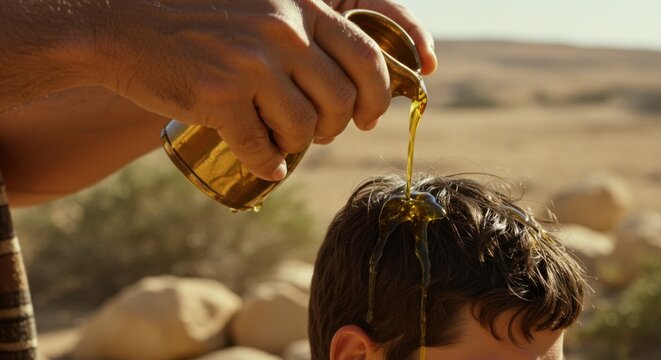 Man anointing a young man's head with oil in a desert setting, concept of anointing from old testament.