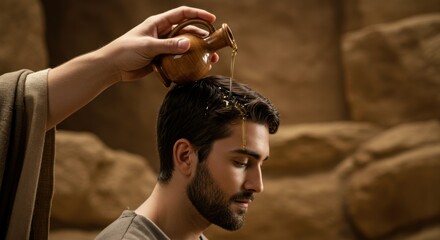 A man's hair is being anointed with olive oil from a clay jug. Old testament anointing ritual. Biblical religious concept for devotion and divine blessing.