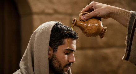 A man receiving anointing of oil on his head from a clay cruse. Biblical ritual or religious ceremony concept. Oil pouring on a person.
