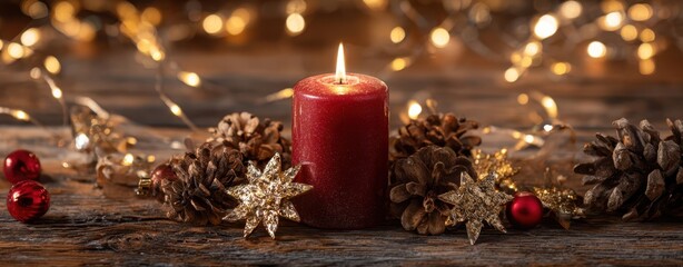 The festive red candle with pinecones and golden decorations on a wooden table.