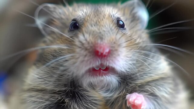 Close up of a mouse with small pink paws and whiskers, looking towards the viewer
