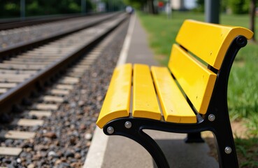 A yellow park bench beside train tracks in an outdoor setting