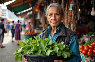 Woman holding fresh leafy greens at outdoor market stall