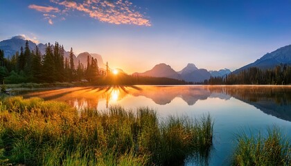Fototapeta premium serene mountain lake sunrise landscape