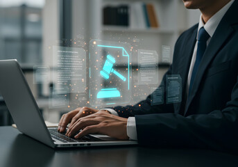Professional using a laptop with virtual legal documents and a gavel icon, symbolizing online law, justice, and legal services.