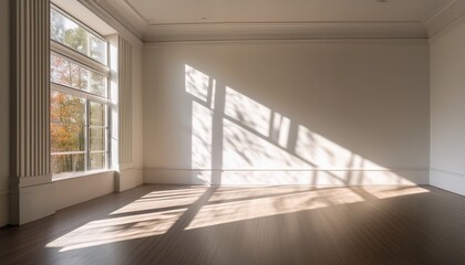 Obraz premium sunlit vacant room showcasing soft shadows on a white wall with light streaming through large windows creating an airy atmosphere