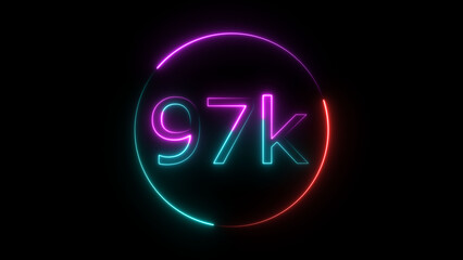 Glowing neon 97K text illustration on black background. Glowing neon line 97k Ultra HD icon isolated.