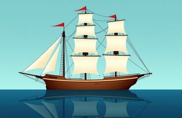 A classic sailing ship with multiple masts and sails floating on calm water