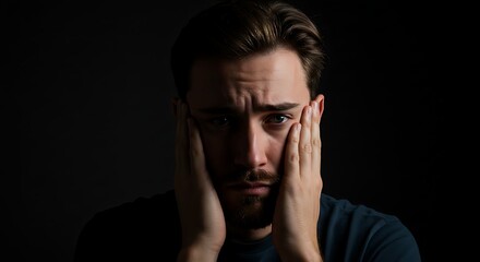 Fototapeta premium Worried Man Holding His Face in Distress on Dark Background