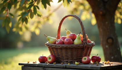 A wicker basket filled with red and green apples and pears sits on a wooden table under a tree. Sunlight filters through the leaves, creating a warm atmosphere.