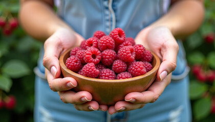 A young woman with light brown hair holds a wooden bowl filled with fresh red raspberries. The background features green raspberry plants.