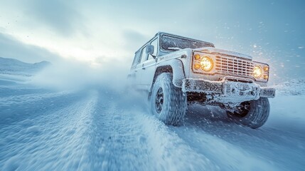 The headlights of a white offroad car drifting in heavy snow are flashing