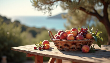 A wicker basket filled with fresh apples and plums sits on a wooden table. The background features a serene view of the sea and lush greenery.