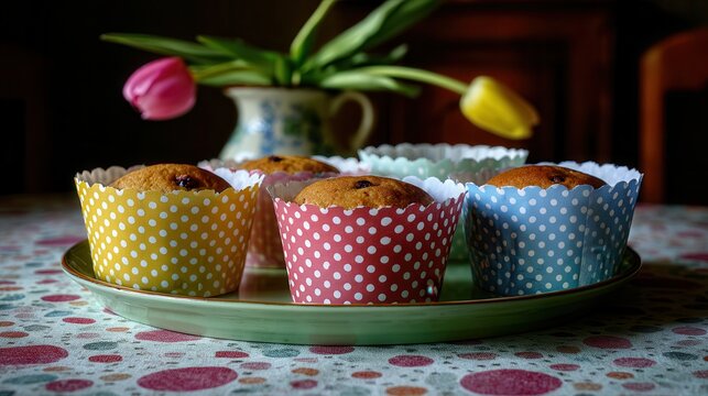Spring cupcakes with polka dot wrappers tulips in vase