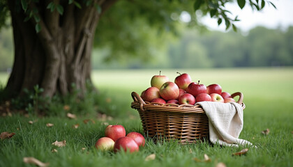 A wicker basket filled with red apples sits on green grass under a tree. The scene is peaceful and represents harvest time in nature.