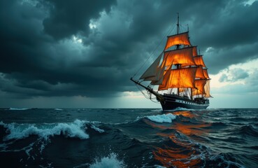 Fototapeta premium A sailing ship with illuminated sails navigates through rough ocean waves under a stormy sky