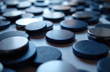 Pucks and discs arranged on a surface with a cool blue tone, creating an abstract pattern suitable for technology or gaming themes
