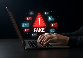 Person using a laptop with a glowing "FAKE" warning sign and user icons, symbolizing online misinformation, scam alerts, and cybersecurity threats.