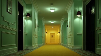 Endless liminal hallway with yellow and swampy green carpet, infinite black doors lining both sides, creating a mysterious cinematic atmosphere with surreal and haunting endless perspective