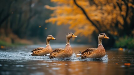 Three Female Mallards Swim Calmly In Autumn