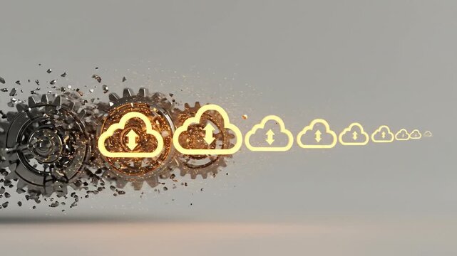 Cloud storage icon with particle disintegration effect turning into multiple user cloud symbols