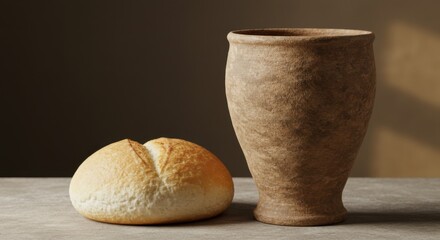 Fresh bread loaf and ancient ceramic cup on simple table representing breaking of bread for Christian Eucharist.