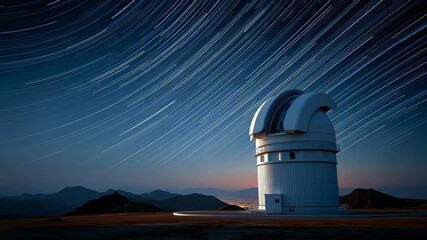 Long-exposure star trails over astronomical observatory at night, ideal for space research content, astrophotography videos, and science documentaries, 4K, motion, time lapse