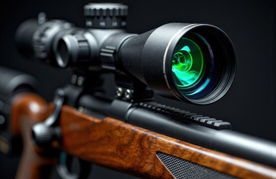 A high-precision rifle scope mounted on a wooden-stock hunting rifle for accurate targeting