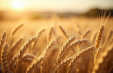 Golden wheat stalks sway in a sunlit field during sunset, creating a warm and peaceful agricultural scene